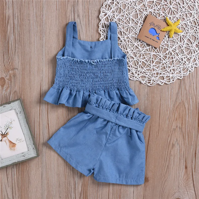 Girls Simple Solid Color Stringy Selvedge Design Tops And Shorts Set