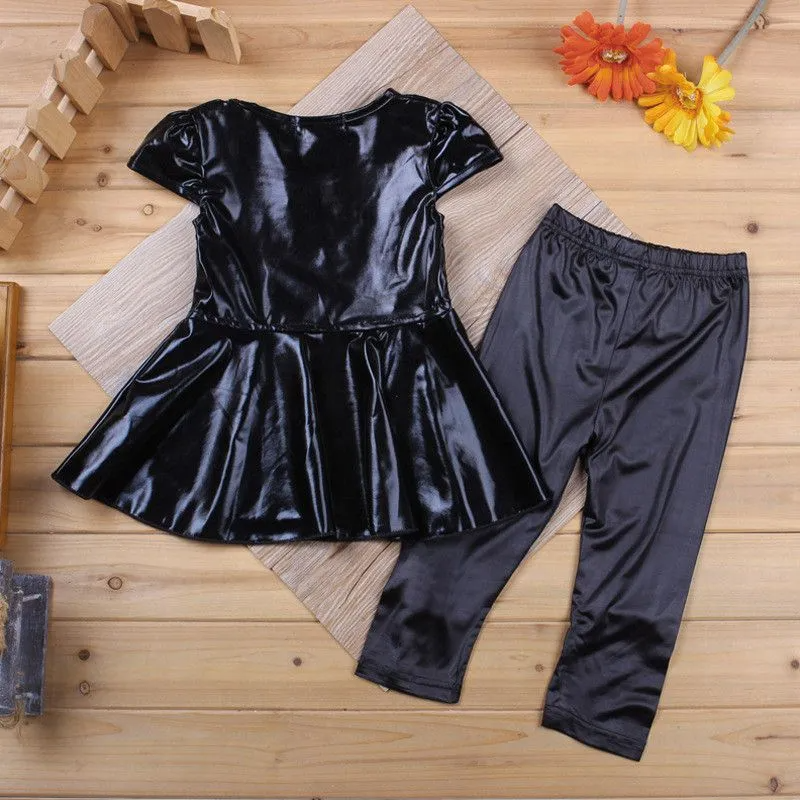 2 Pcs Fashion Girl Patchwork Solid Color Tops And Pants Set