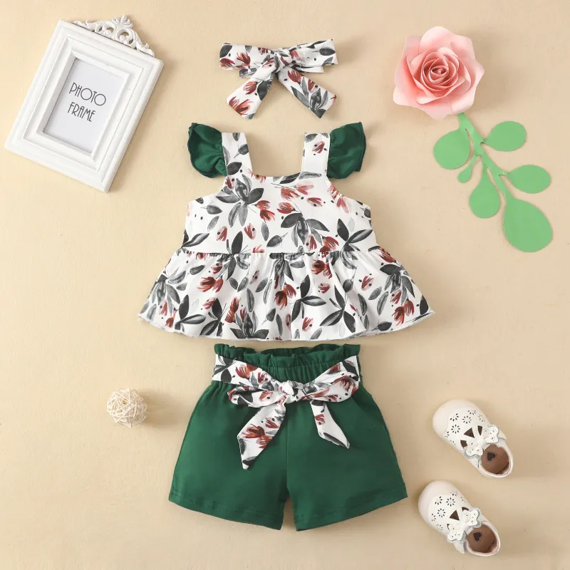 Kids Toddler Girls Casual Cute Bow Leaves Floral Strawberry Floral Sleeveless Top Shorts Sets