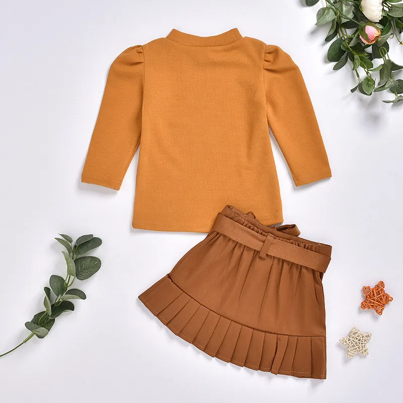 Girls Round Neck Long Sleeve Top And Skirt Set