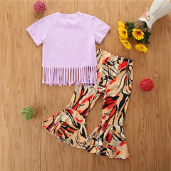 Girls Fashion Tiger Pattern Tassels Design T-Shirt And Pants Set