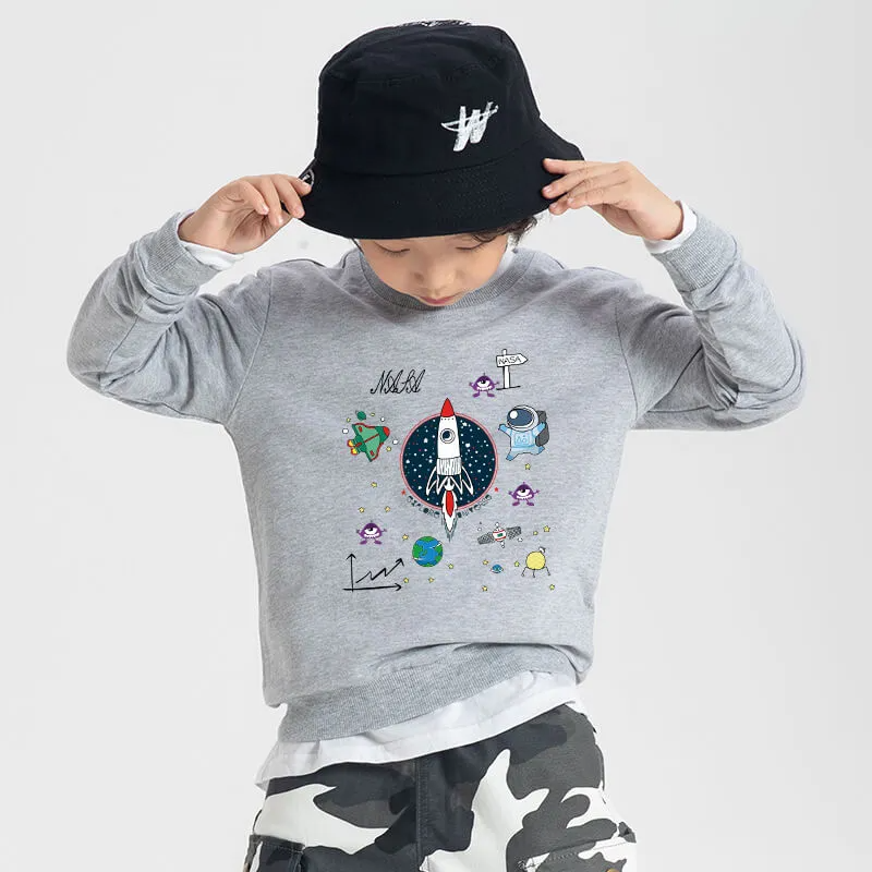 Kids Casual Round Neck Space Printed Sweatshirt And Jogger Pants Set