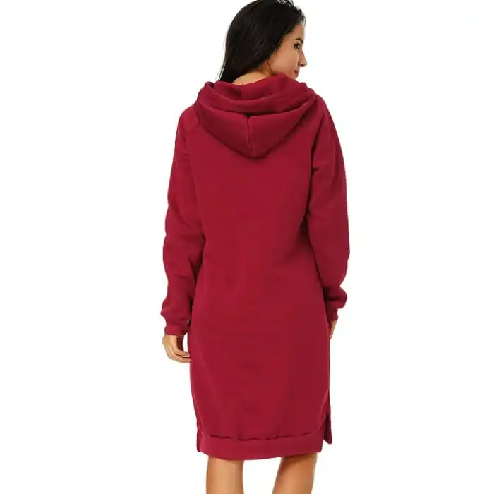 Autumn Winter Women Fashion Solid Color Hooded Long Sleeve Loose Dress