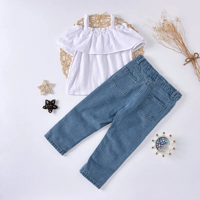 Kids Toddler Girls Fashion Off-The-Shoulder Tops And Pearl Decor Jeans Set