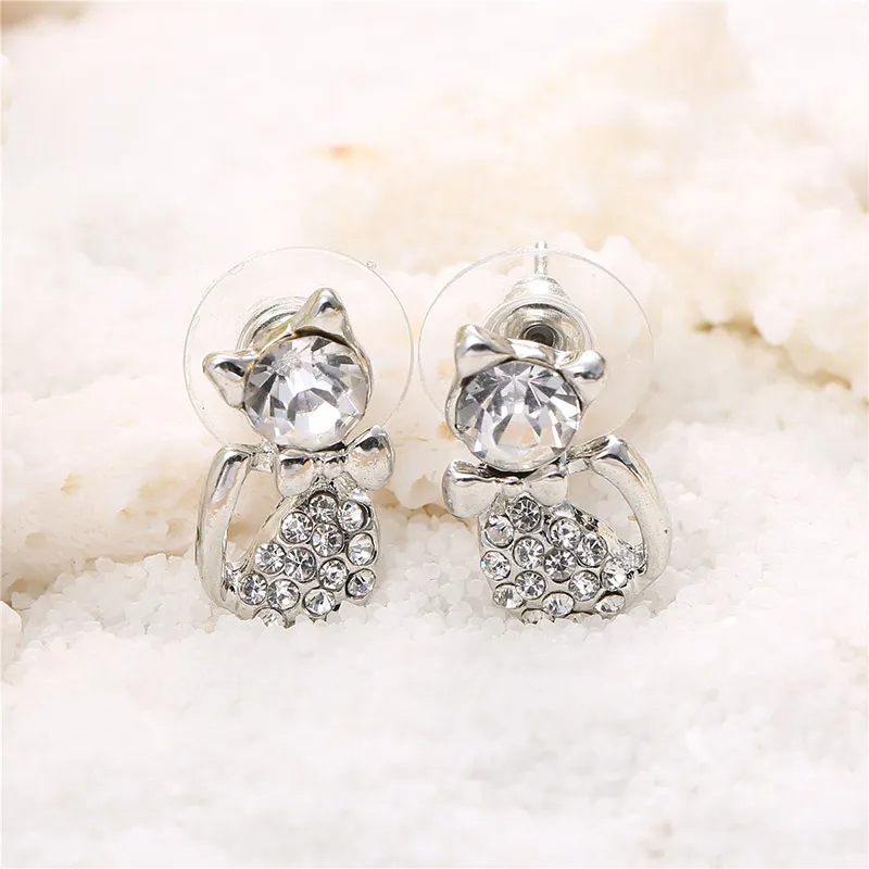 2PCS Fashion Rhinestones Decoration Cat-Shaped Necklace Earrings Set