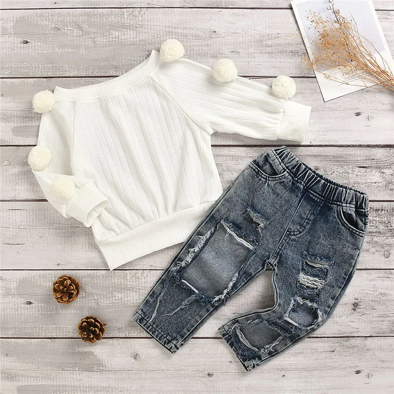 Girl Knitted Pompom Decor Long Sleeve Tops And Ripped Jeans Set