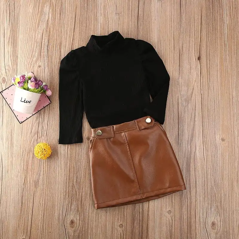 Girls High Collar Long-Sleeves Solid Color Tops And PU Skirt Set