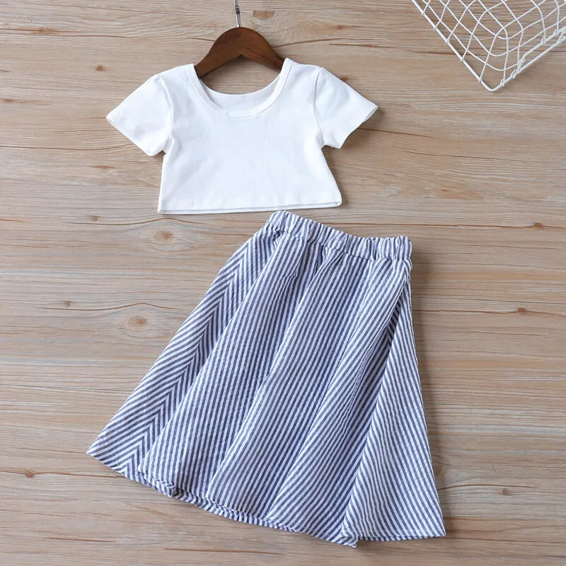 Girls Simple Short-Sleeves T-Shirt And Striped Skirt Set