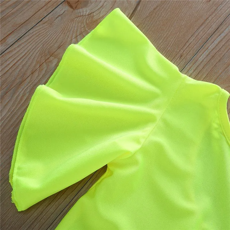 2 Pcs Fashion Girl Neon Color Ruffle Sleeves Tops And Shorts Set