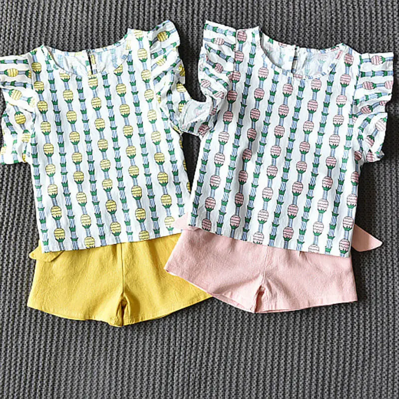 Girls Fashion Pineapple Print Sleeveless Ruffled Tops And Shorts Set