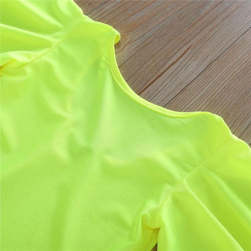 2 Pcs Fashion Girl Neon Color Ruffle Sleeves Tops And Shorts Set