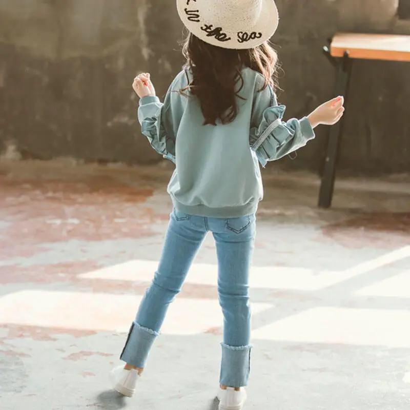 Girls Long-Sleeves Lace Design Solid Color Sweatshirt And Jeans Set