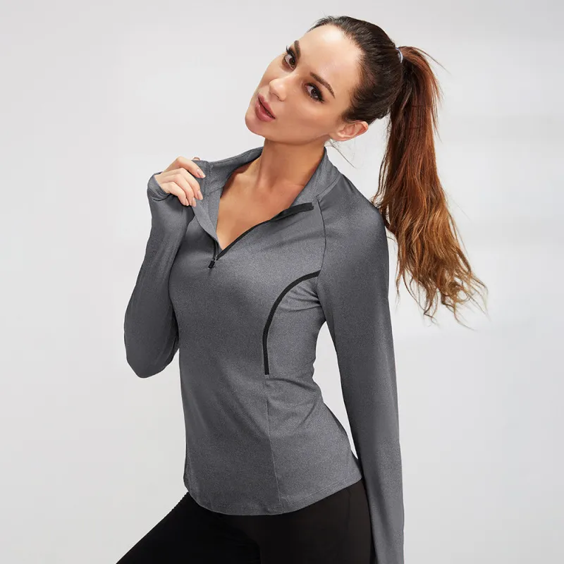 Women'S High Elastic Bodysuit Quick Dry Stand Collar Long Sleeve Sports Yoga Clothes