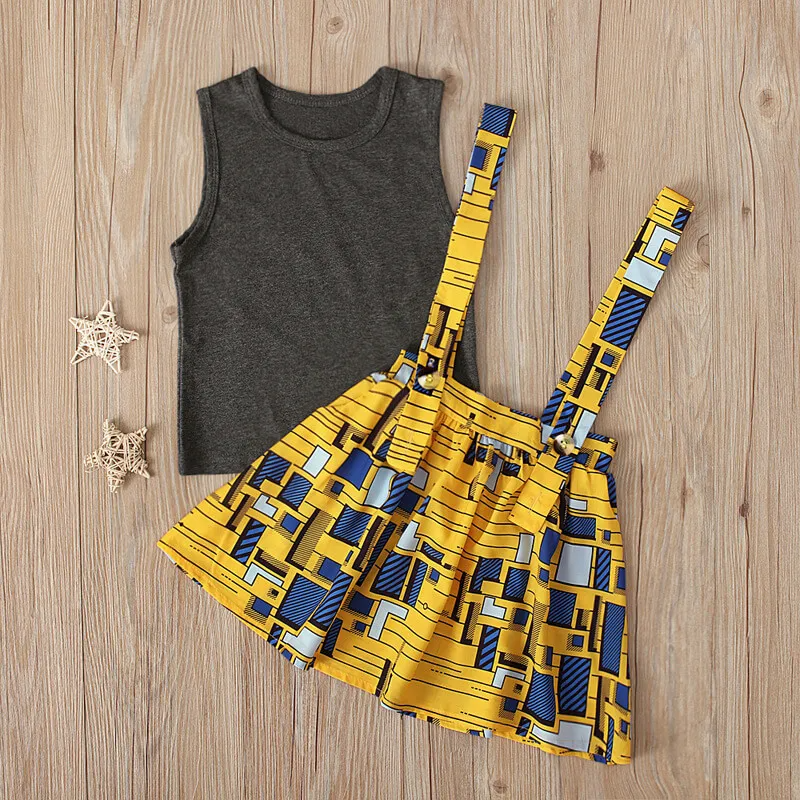 Girls Solid Color Vest And Bohemian Style Suspender Skirt Set