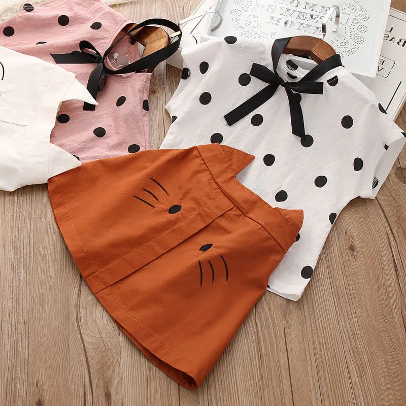 Girls Cute Polka Dot T-Shirt And Cat Pattern Skirt Set