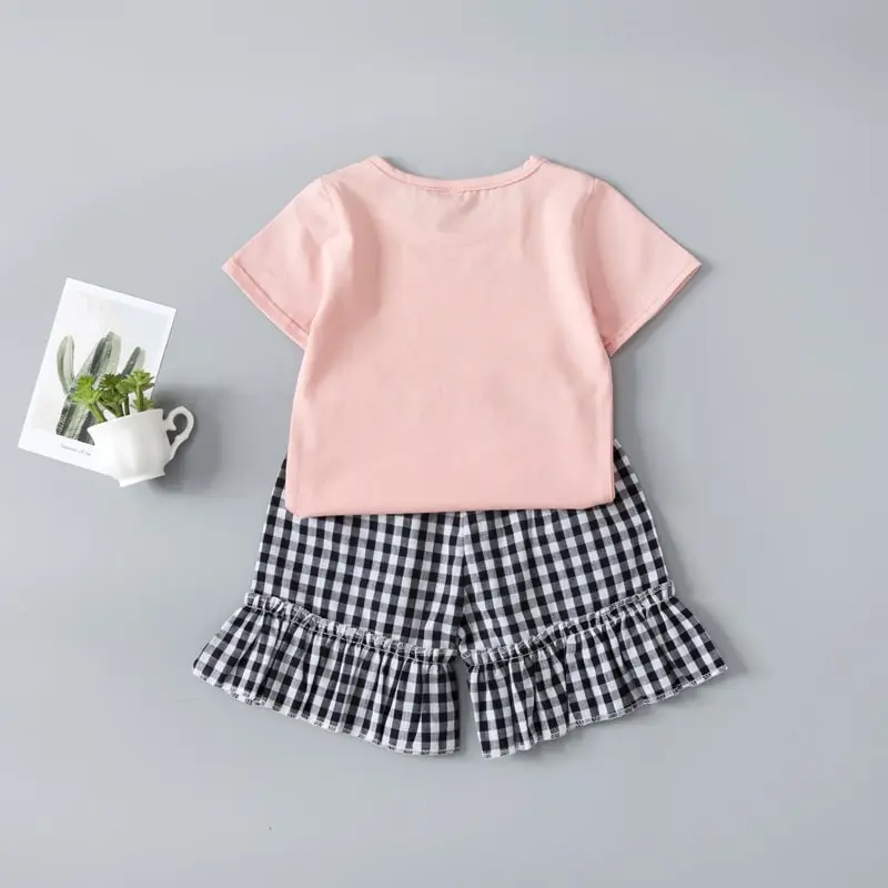 Girls Printing Short-Sleeves T-Shirt And Plaid Shorts Set