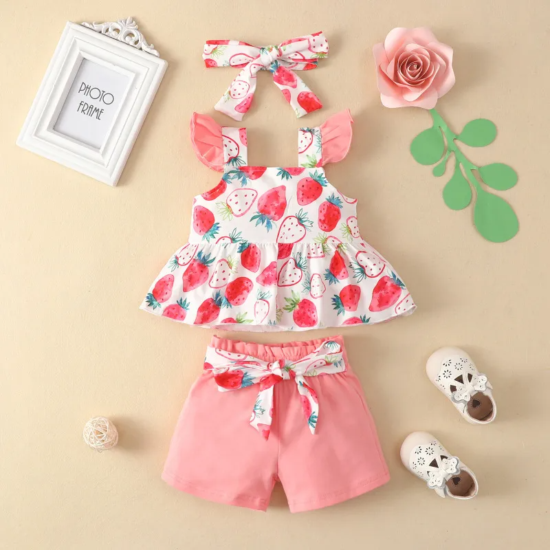 Kids Toddler Girls Casual Cute Bow Leaves Floral Strawberry Floral Sleeveless Top Shorts Sets