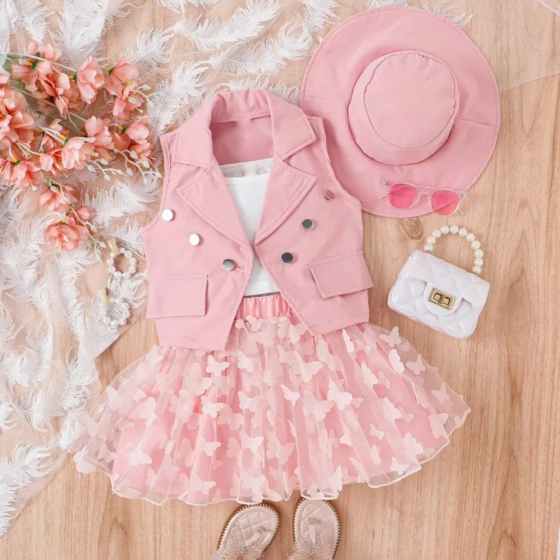 Kids Fashion Sling Butterfly Mesh Skirt Sleeveless Suit Hat Four-Piece Set