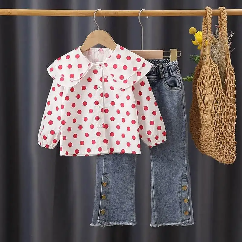 Girls Fashion Lapel Polka Dot Blouse And Jeans Set