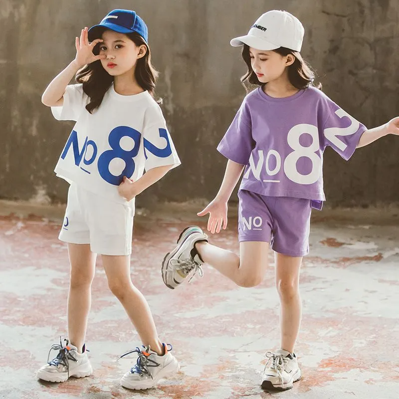 2pcs/Set Girls Loose Letter Print Round Neck Short Sleeve Tee And Shorts