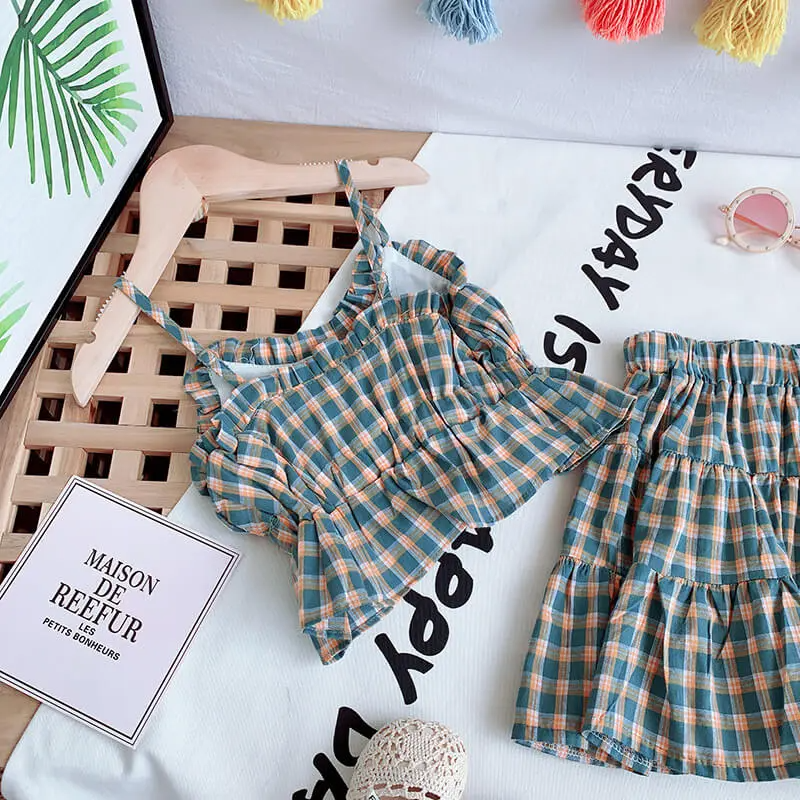 Girls Fashion Plaid Slip Tops And Skirt Set