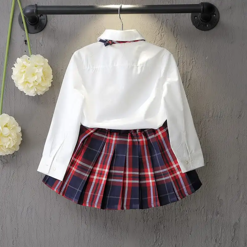 Girls Lapel Design Bowknot Decor Blouse And Plaid Skirt Set