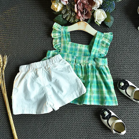 Girl Grid Pattern Sling Tops And Shorts Set